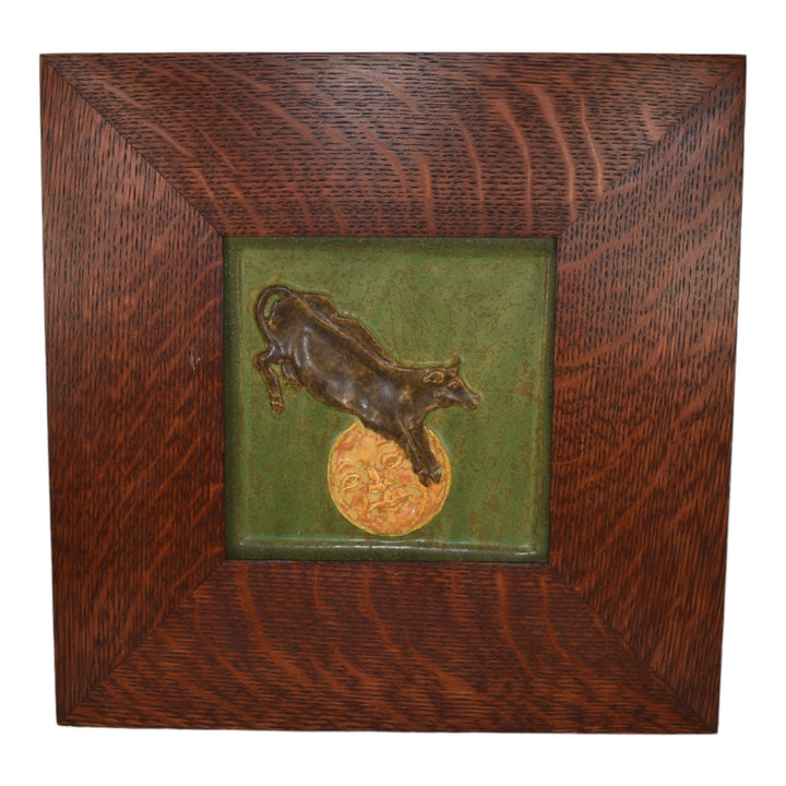 Ephraim Faience 2011 Hand Made Pottery Cow Jumping Over The Moon Framed Tile - Just Art Pottery