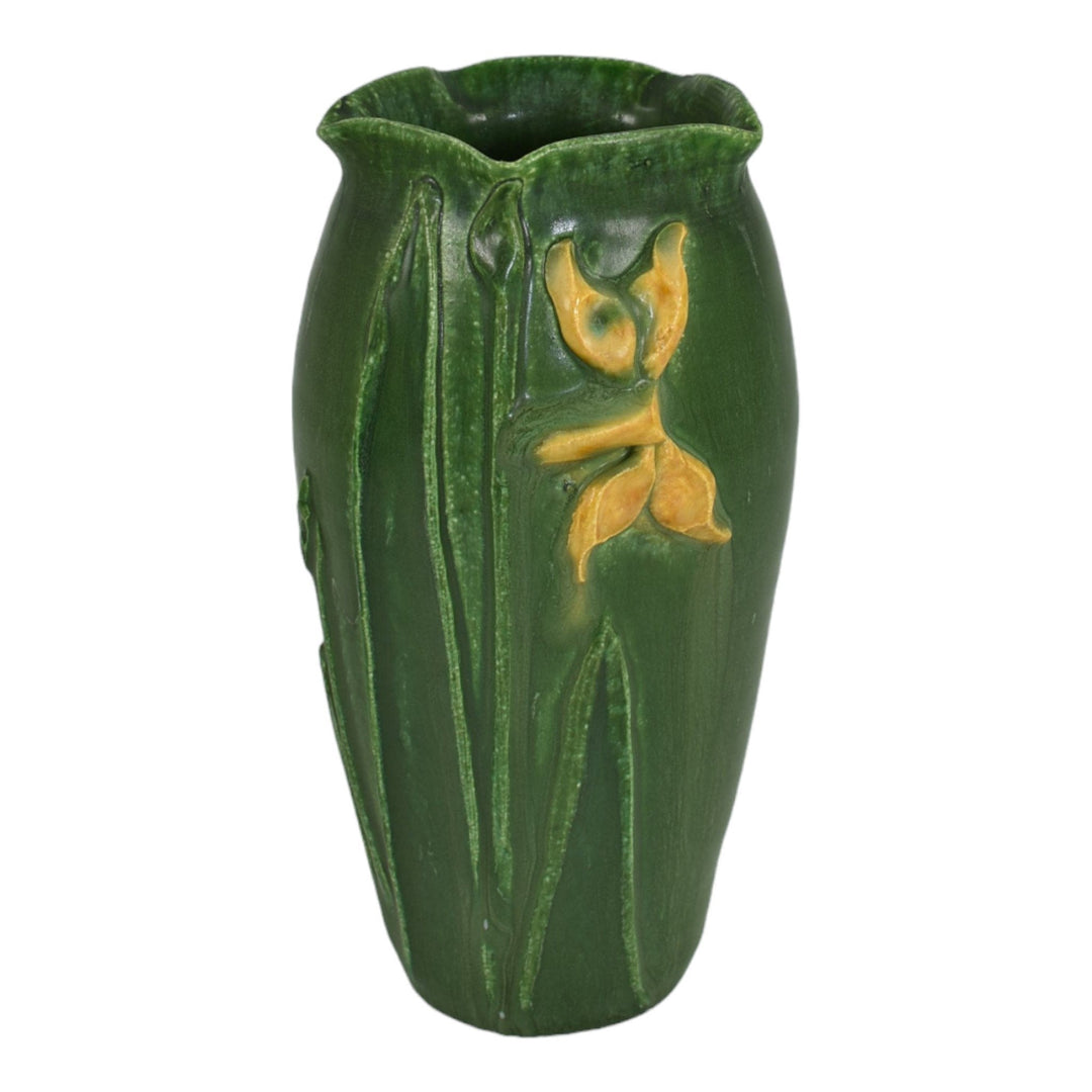 Ephraim Faience 2003 Hand Made Pottery Yellow Iris Star Green Cabinet Vase 062 - Just Art Pottery