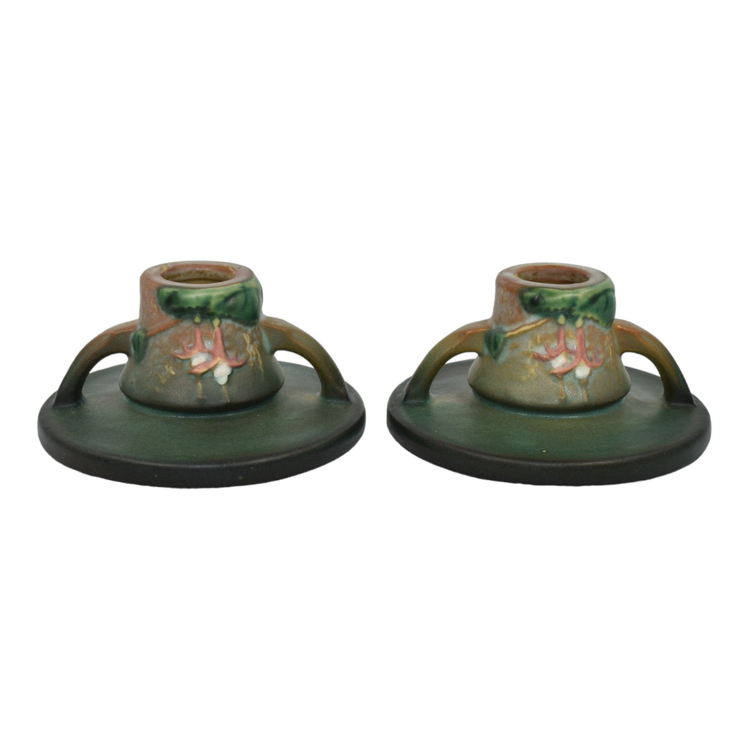 Roseville Fuchsia Green 1938 Vintage Art Pottery Ceramic Candle Holders 1132 - Just Art Pottery