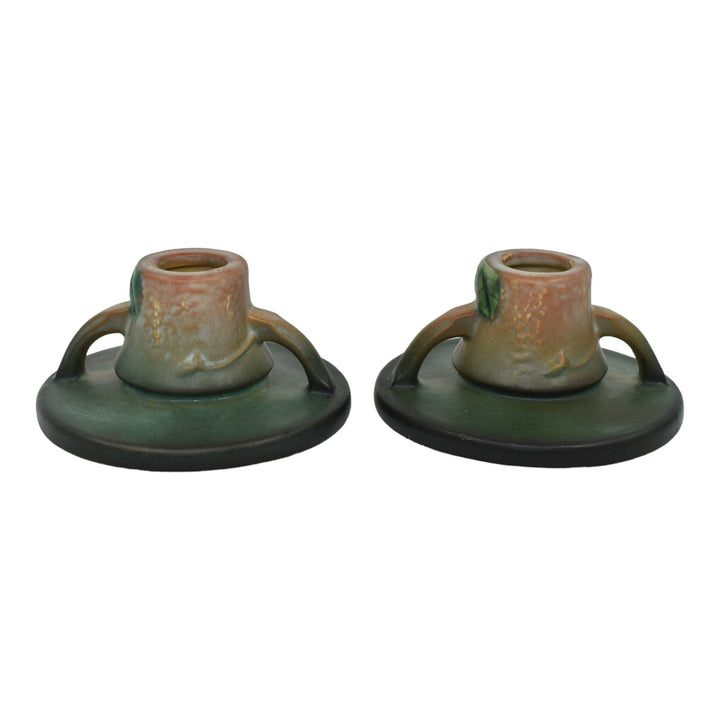 Roseville Fuchsia Green 1938 Vintage Art Pottery Ceramic Candle Holders 1132 - Just Art Pottery