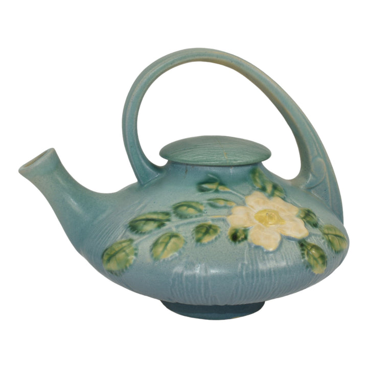 Roseville White Rose Blue 1940 Mid Century Modern Art Pottery Ceramic Teapot 1-T - Just Art Pottery