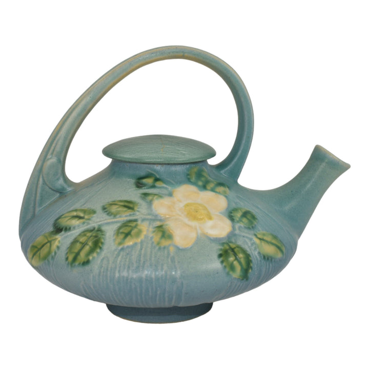 Roseville White Rose Blue 1940 Mid Century Modern Art Pottery Ceramic Teapot 1-T - Just Art Pottery