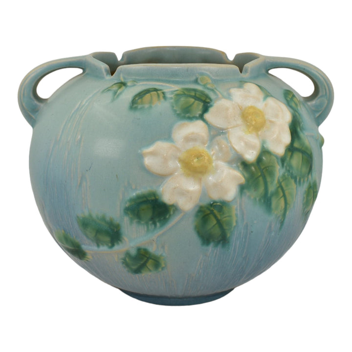 Roseville White Rose Blue 1940 Mid Century Modern Pottery Planter Bowl 388-7 - Just Art Pottery