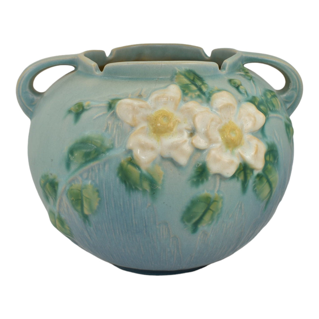 Roseville White Rose Blue 1940 Mid Century Modern Pottery Planter Bowl 388-7 - Just Art Pottery