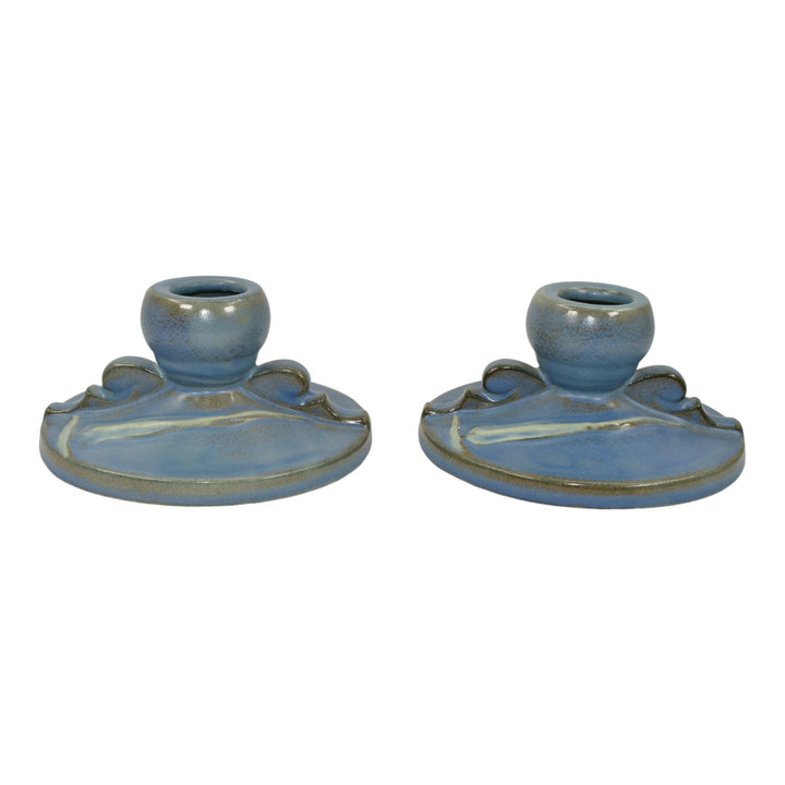 Roseville Teasel Blue 1938 Vintage Art Deco Pottery Ceramic Candle Holders 1131