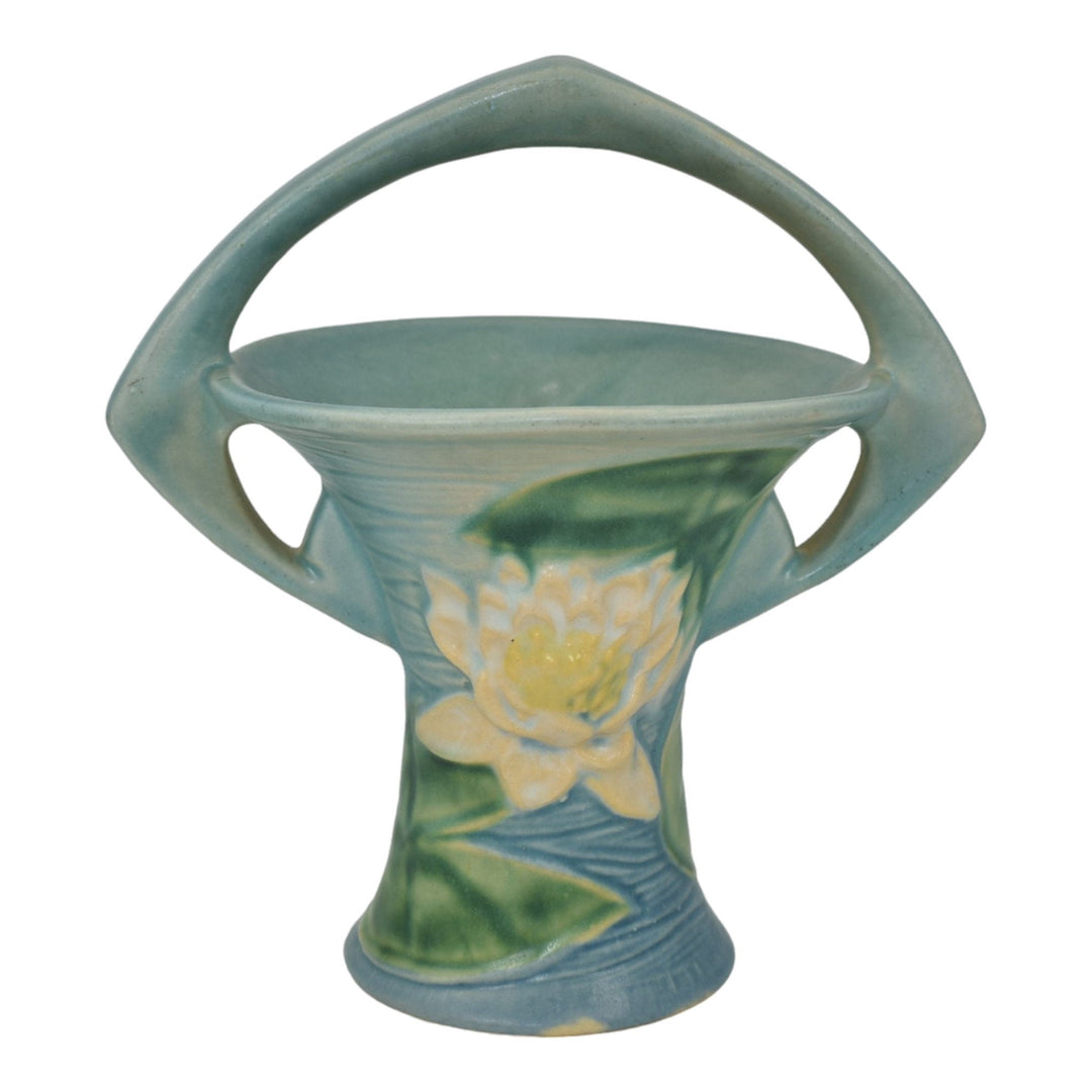 Roseville Water Lily Blue 1943 Mid Century Modern Pottery Ceramic Basket 380-8