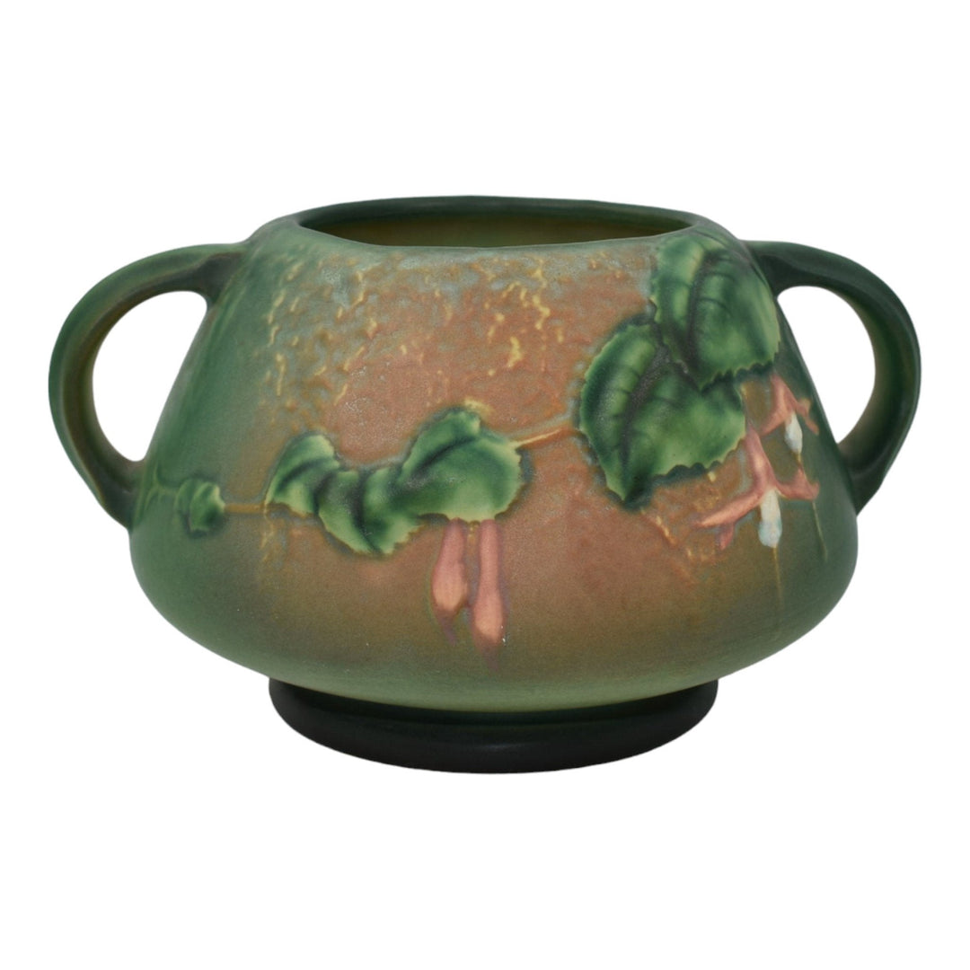 Roseville Fuchsia Green 1938 Vintage Art Pottery Handled Ceramic Bowl Vase 346-4