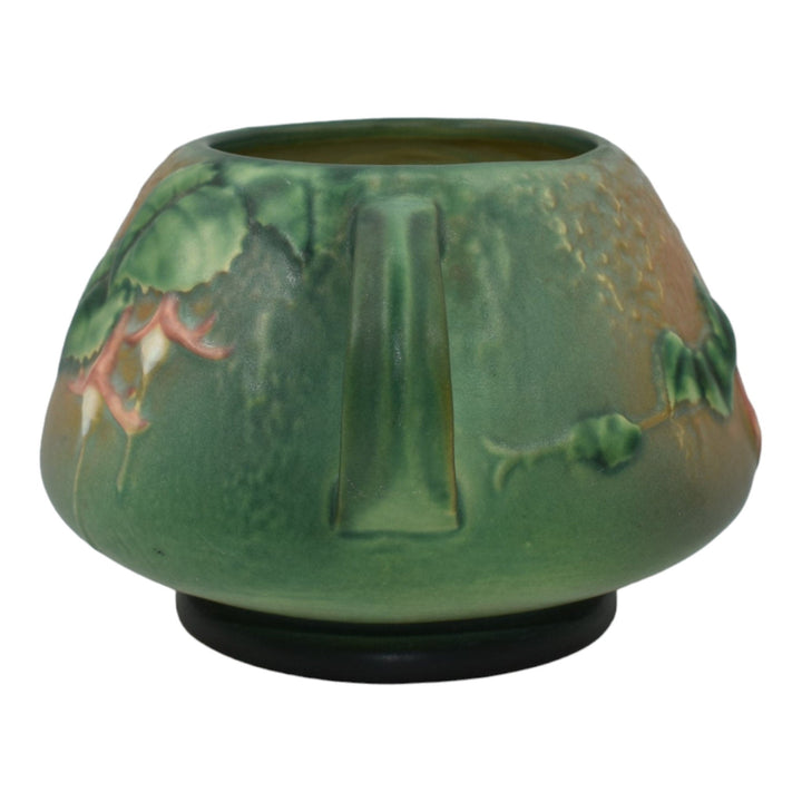 Roseville Fuchsia Green 1938 Vintage Art Pottery Handled Ceramic Bowl Vase 346-4