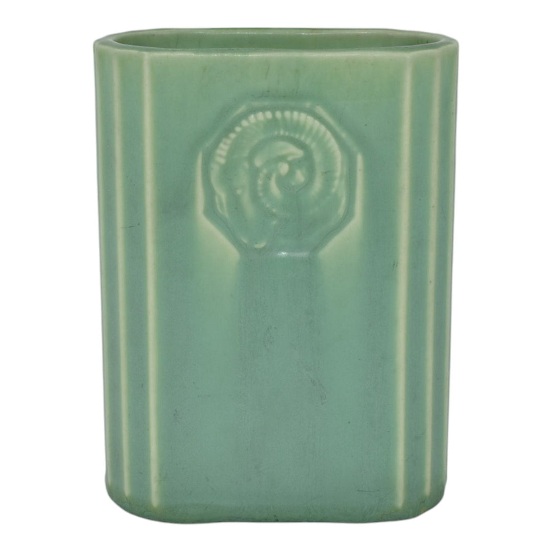Rookwood 1945 Vintage Art Pottery Green Ram Head Medallion Ceramic Vase 6783
