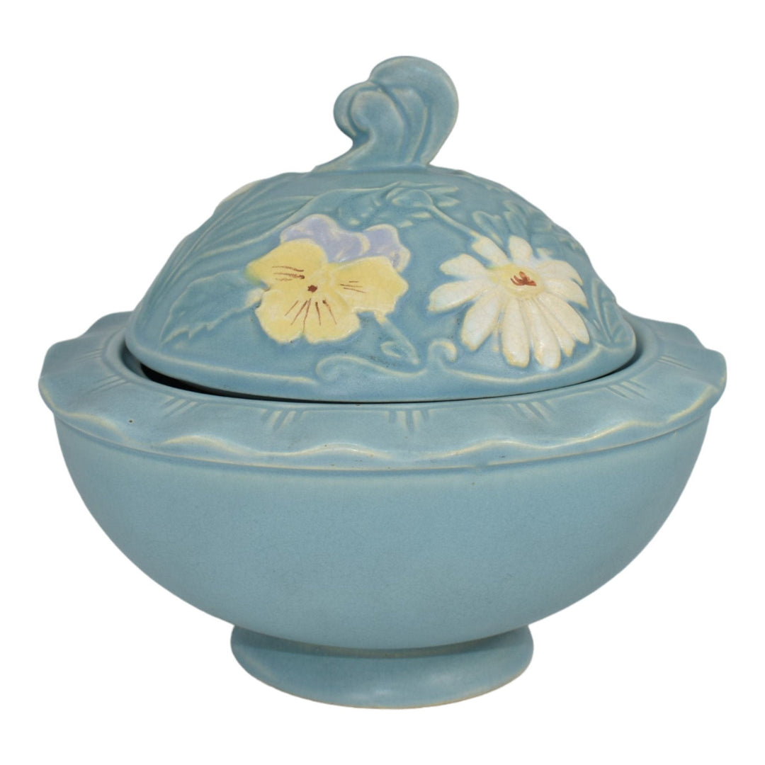 Weller Bouquet 1930s Vintage Art Pottery Blue Ceramic Covered Bowl B-9