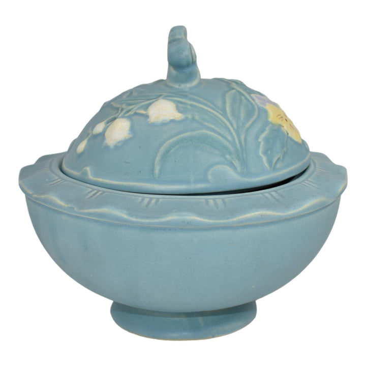Weller Bouquet 1930s Vintage Art Pottery Blue Ceramic Covered Bowl B-9
