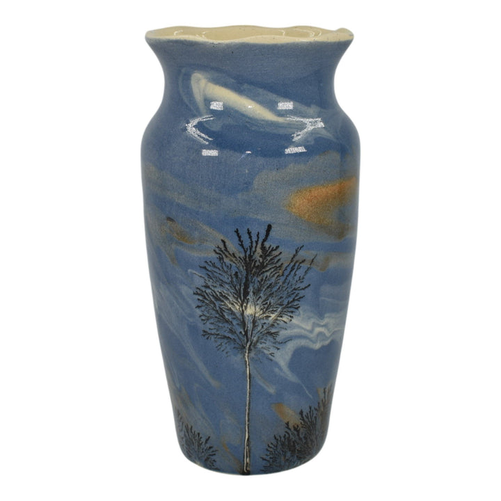 Sevierville Studio Pottery Hand Painted Scenic Trees Blue Ceramic Vase
