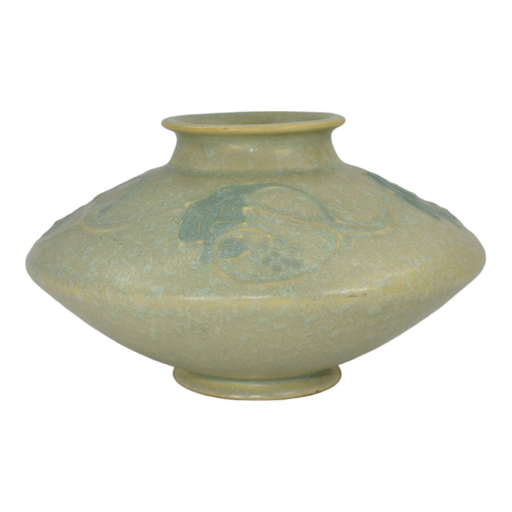 Roseville Cremona Green 1928 Vintage Art Deco Pottery Ceramic Squat Vase 351-4 - Just Art Pottery