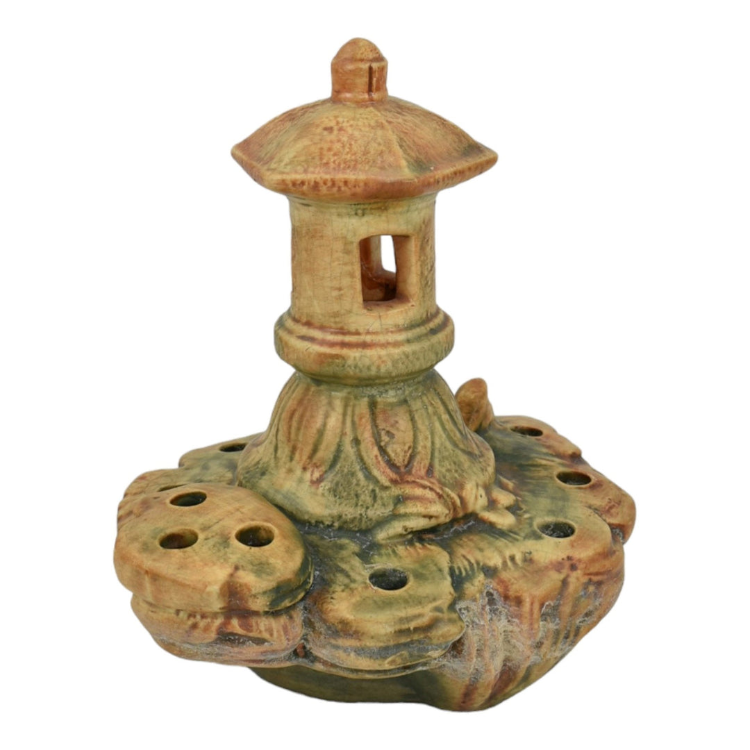 Weller Muskota1920s Vintage Art Pottery Green Brown Pagoda Ceramic Flower Frog
