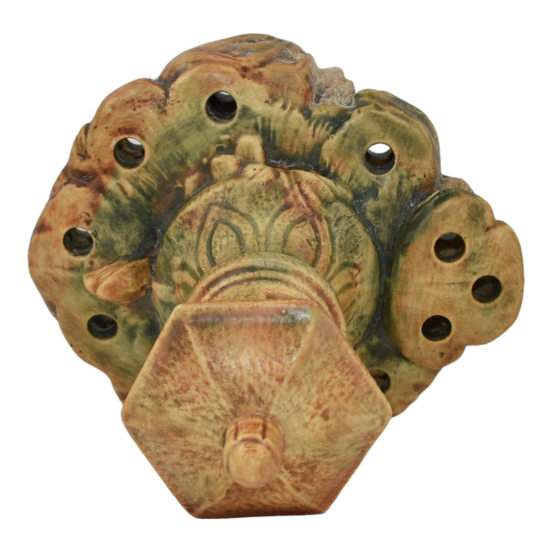 Weller Muskota1920s Vintage Art Pottery Green Brown Pagoda Ceramic Flower Frog