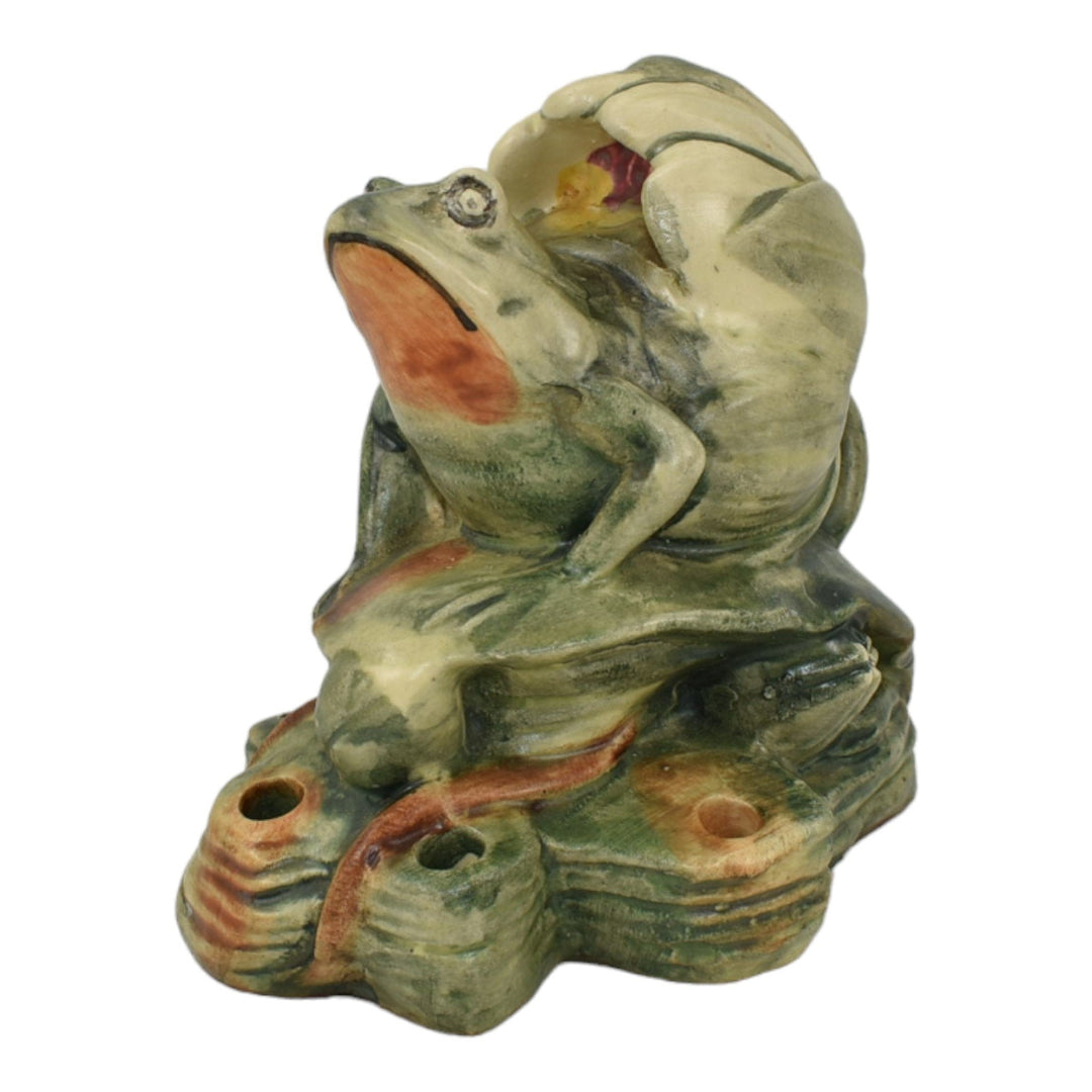 Weller Muskota 1920s Art Pottery Colorful Frog In A Lily Ceramic Flower Frog