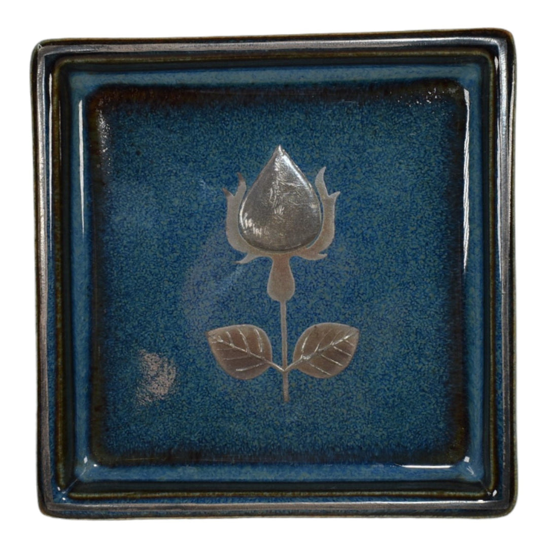 Wilhelm Kage Gustavsberg Swedish Art Pottery Rose Silver Overlay Blue Pin Tray