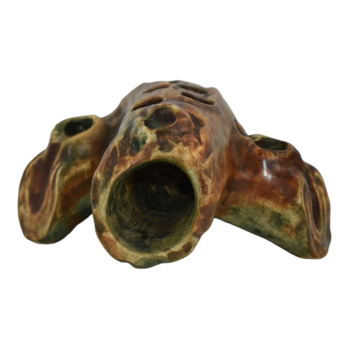 Weller Woodcraft 1920s Vintage Art Pottery Brown Log Branch Ceramic Flower Frog