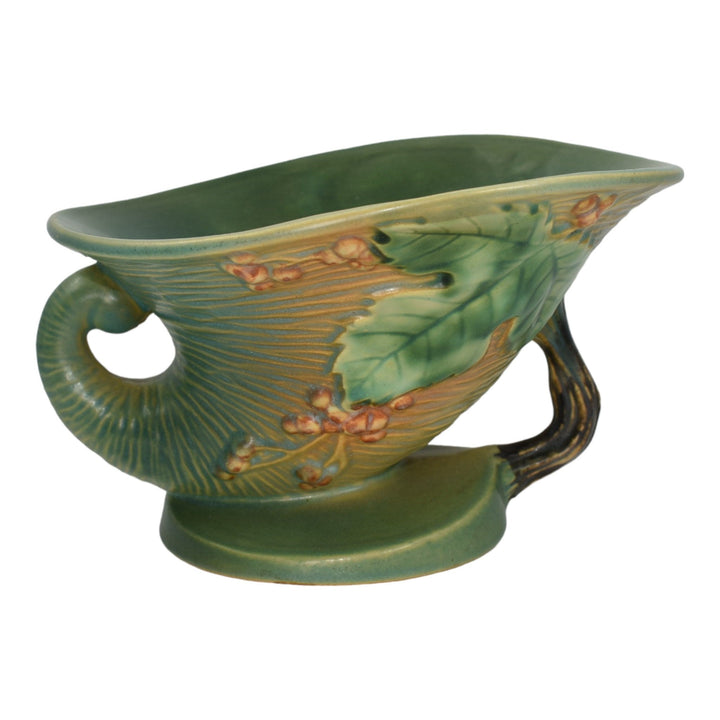 Roseville Bushberry Green 1941 Vintage Art Pottery Cornucopia With Flower Frog 3 - Just Art Pottery