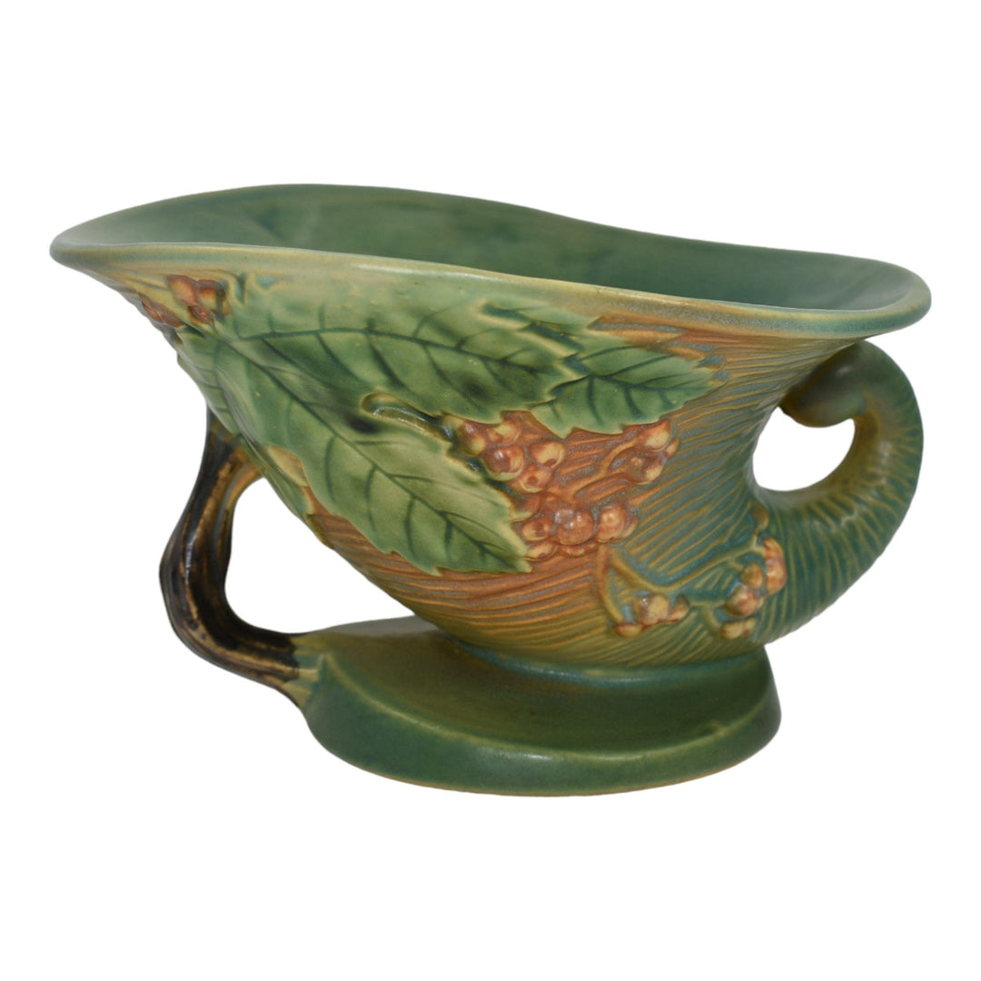Roseville Bushberry Green 1941 Vintage Art Pottery Cornucopia With Flower Frog 3 - Just Art Pottery