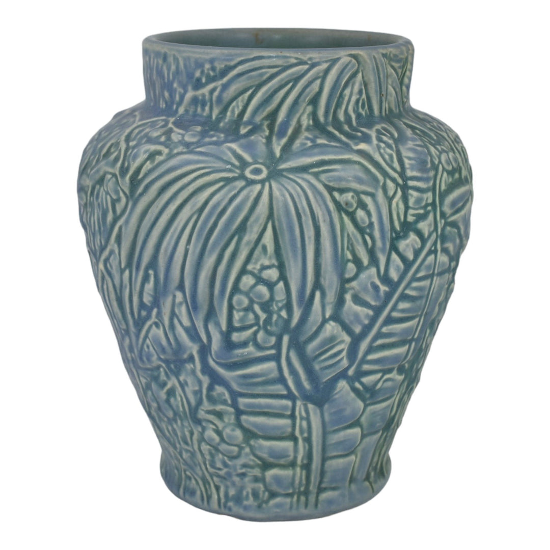 Weller Marvo 1920s Vintage Pottery Flowers Leaves Blue Green Ceramic Vase - Just Art Pottery