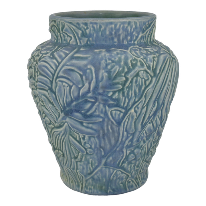 Weller Marvo 1920s Vintage Pottery Flowers Leaves Blue Green Ceramic Vase - Just Art Pottery