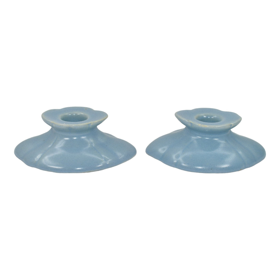 Weller Seneca 1933 Vintage Art Deco Pottery Matte Blue Ceramic Candle Holders