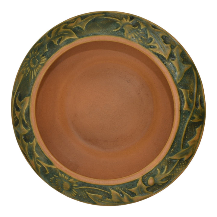 Weller Breton 1920s Art Pottery Matte Brown And Green Floral Bowl