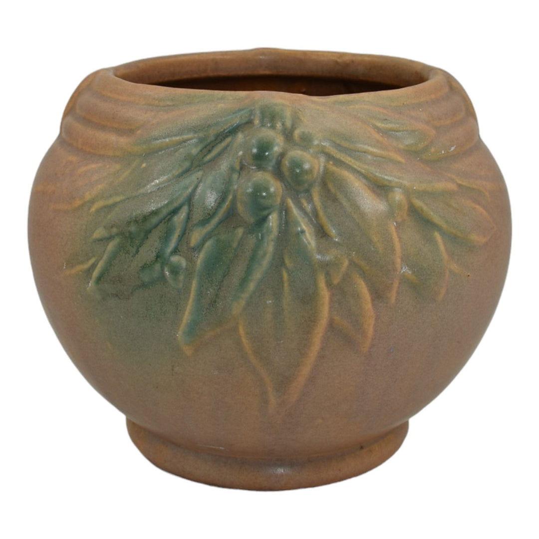 McCoy 1930s Vintage Art Pottery Leaves Berries Brown Green Jardiniere Planter 11 - Just Art Pottery