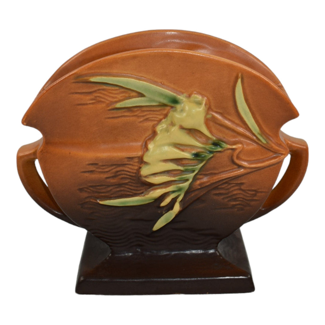 Roseville Freesia Brown 1945 Vintage Mid Century Modern Pottery Green Vase 199-6