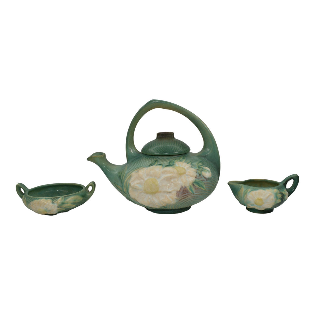 Roseville Peony Green 1942 Art Pottery Teapot, Sugar Bowl, Creamer Tea Set 3 - Just Art Pottery