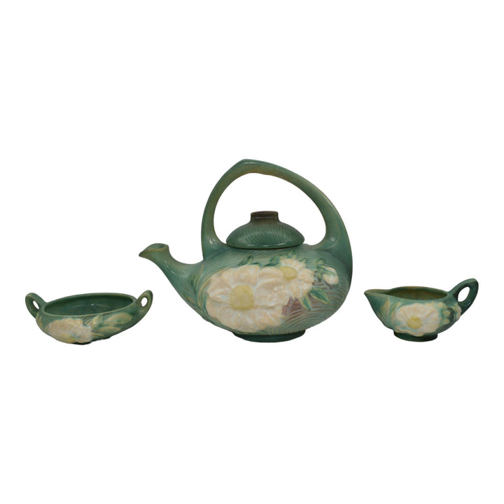 Roseville Peony Green 1942 Art Pottery Teapot, Sugar Bowl, Creamer Tea Set 3 - Just Art Pottery