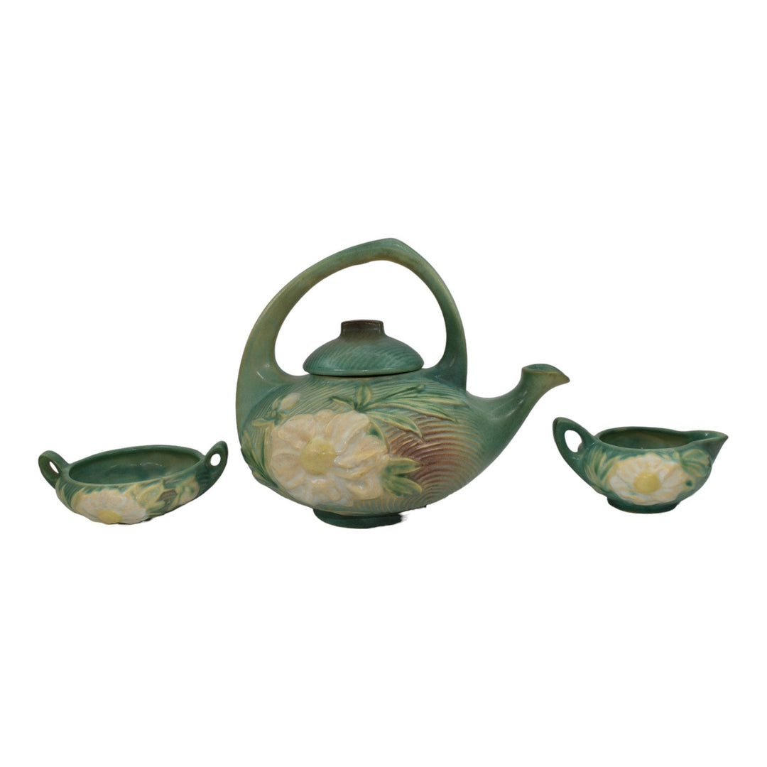 Roseville Peony Green 1942 Art Pottery Teapot, Sugar Bowl, Creamer Tea Set 3