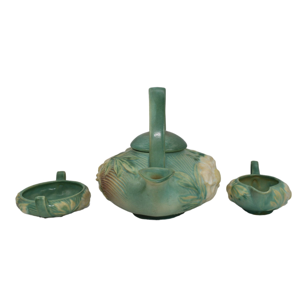 Roseville Peony Green 1942 Art Pottery Teapot, Sugar Bowl, Creamer Tea Set 3 - Just Art Pottery