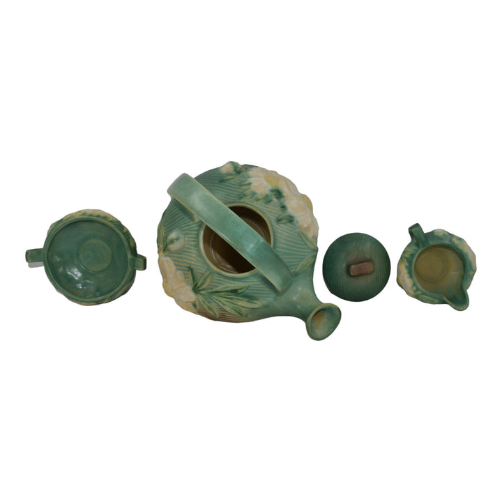 Roseville Peony Green 1942 Art Pottery Teapot, Sugar Bowl, Creamer Tea Set 3