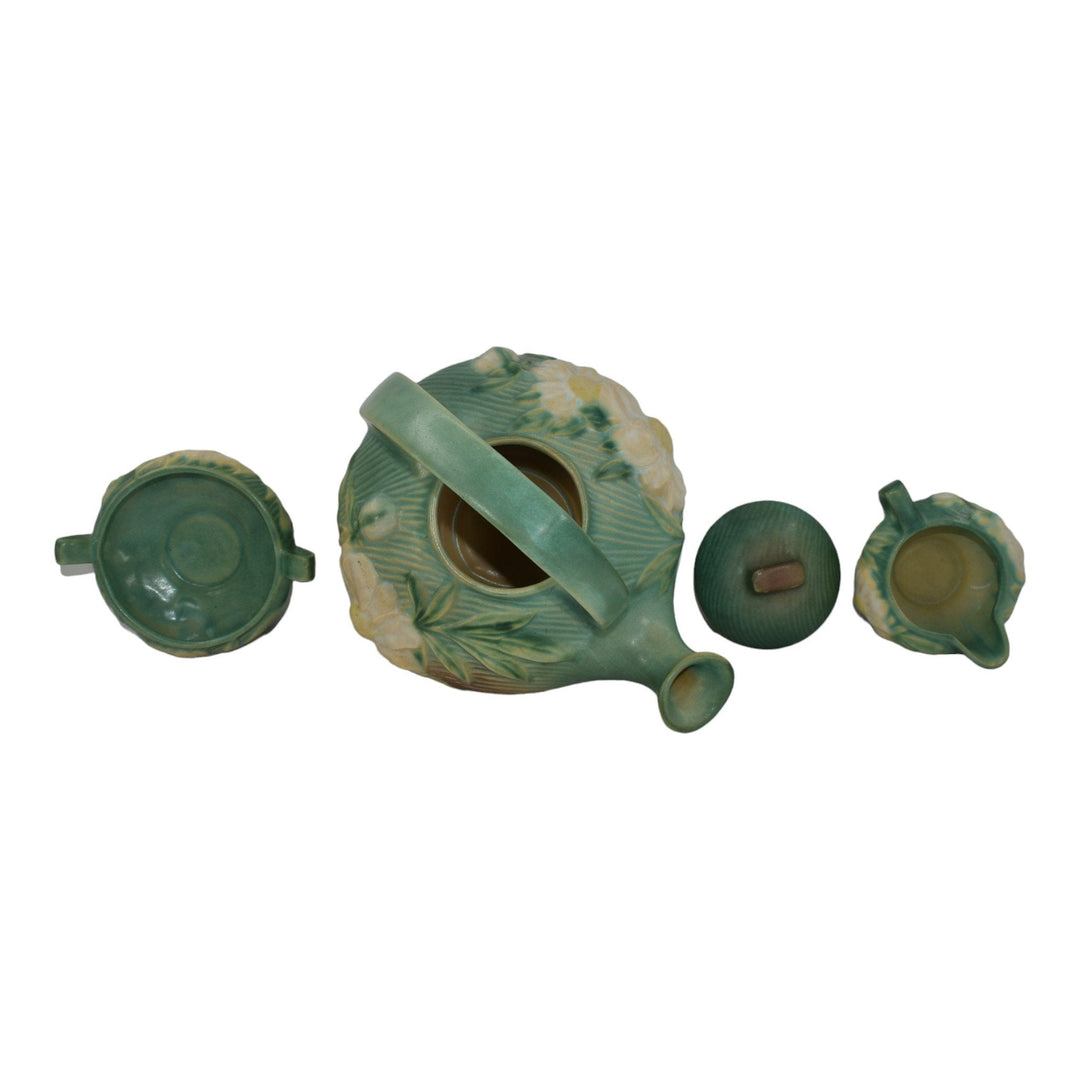 Roseville Peony Green 1942 Art Pottery Teapot, Sugar Bowl, Creamer Tea Set 3 - Just Art Pottery