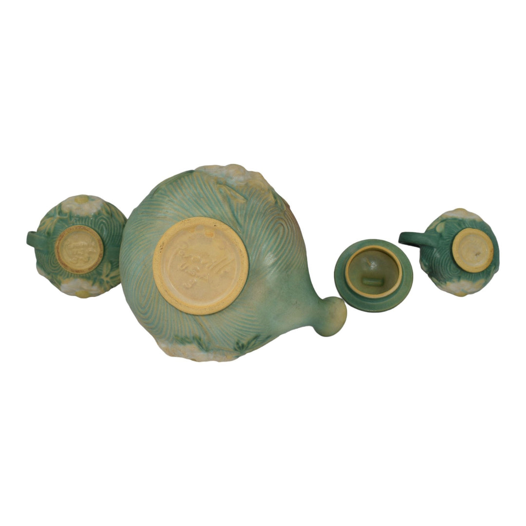 Roseville Peony Green 1942 Art Pottery Teapot, Sugar Bowl, Creamer Tea Set 3 - Just Art Pottery