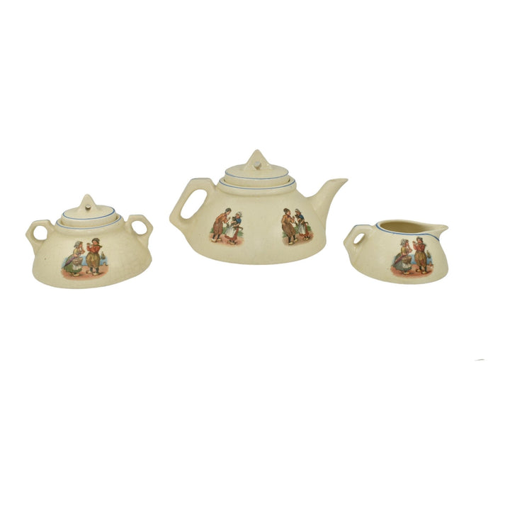 Roseville Dutch Creamware 1900s Art Pottery Teapot, Sugar Bowl, Creamer Tea Set