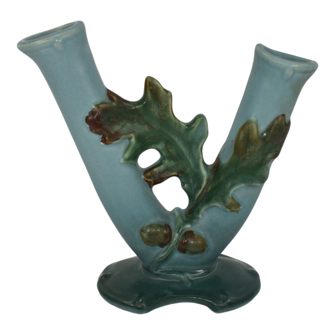 Weller Oak Leaf 1930s Vintage Art Deco Pottery Blue Ceramic Double Bud Vase - Just Art Pottery