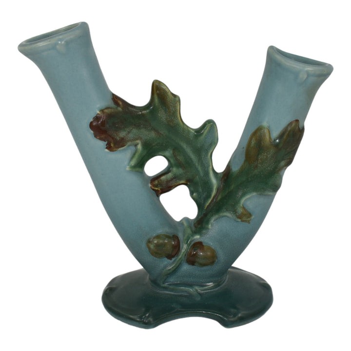 Weller Oak Leaf 1930s Vintage Art Deco Pottery Blue Ceramic Double Bud Vase - Just Art Pottery