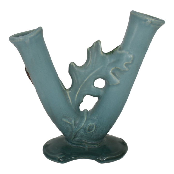Weller Oak Leaf 1930s Vintage Art Deco Pottery Blue Ceramic Double Bud Vase - Just Art Pottery