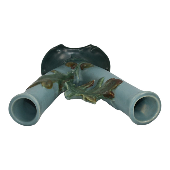 Weller Oak Leaf 1930s Vintage Art Deco Pottery Blue Ceramic Double Bud Vase - Just Art Pottery