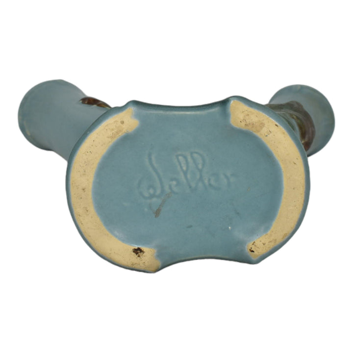 Weller Oak Leaf 1930s Vintage Art Deco Pottery Blue Ceramic Double Bud Vase - Just Art Pottery