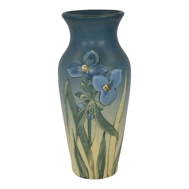 Weller Hudson 1920s Art Pottery Hand Painted Blue Floral Ceramic Vase England