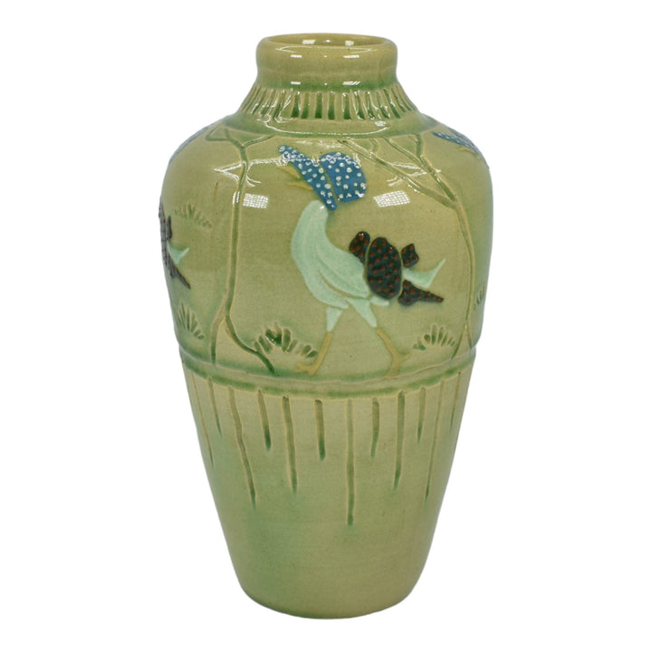 Weller Rhead Faience Birdimal 1904 Pottery Squeeze Bag Green Goose Vase Rhead