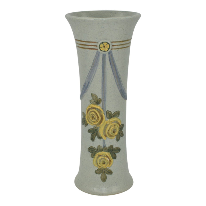 Weller Roma Blue Trial Glaze Variant 1910-20s Pottery Rose Tall Ceramic Vase - Just Art Pottery