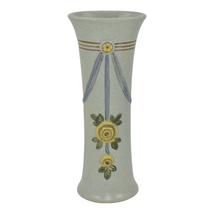 Weller Roma Blue Trial Glaze Variant 1910-20s Pottery Rose Tall Ceramic Vase - Just Art Pottery
