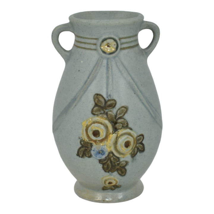 Weller Roma Blue Trial Glaze Variant 1910-20s Pottery Yellow Rose Ceramic Vase - Just Art Pottery