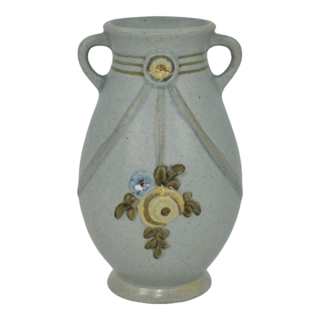 Weller Roma Blue Trial Glaze Variant 1910-20s Pottery Yellow Rose Ceramic Vase - Just Art Pottery