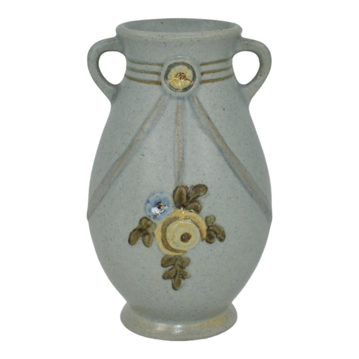 Weller Roma Blue Trial Glaze Variant 1910-20s Pottery Yellow Rose Ceramic Vase - Just Art Pottery